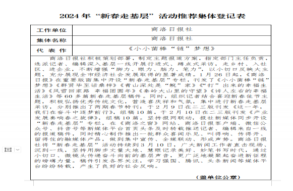 商洛日報社推薦參評 2024年“新春走基層”活動先進(jìn)集體、先進(jìn)個人和優(yōu)秀作品評選結(jié)果的公示